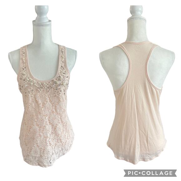 Express Tops - Express Cream Lace and Bead Tank Top Racerback Y2K Summer Glam Size Medium